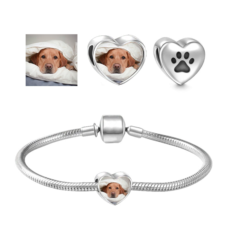 Personalized Sterling Silver Pet Paw Heart Photo Charms, Fit Pandora Bracelet, Custom Pet Photo Charms Pendant, Jewelry Making & Beading