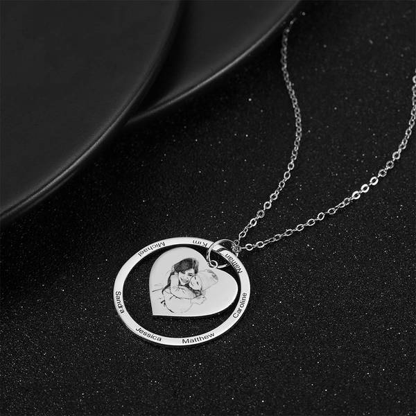 Engraved Photo Necklace With Carved Names, Personalized Photo Pendant Necklace Heart Shaped, Sterling Silver Heart Necklace