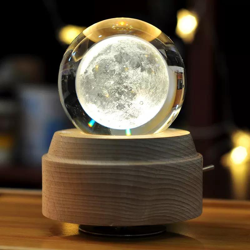 3D Crystal Ball Music Box (4.0"W * 5.1"H), Luminous Rotating Musical Box with Projection LED Light and Wood Base, Best Gift for Birthday, for Girls