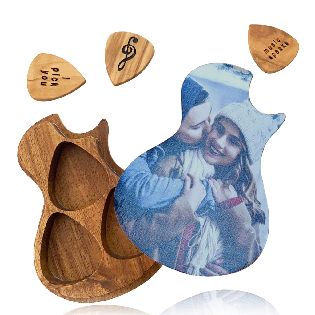 Personalized Wooden Guitar Picks with Photo Personalized Case, Custom Guitar Pick Kit, Holder Box for Picks, Musicians Guitar Player, Valentines Day Gift Ideas
