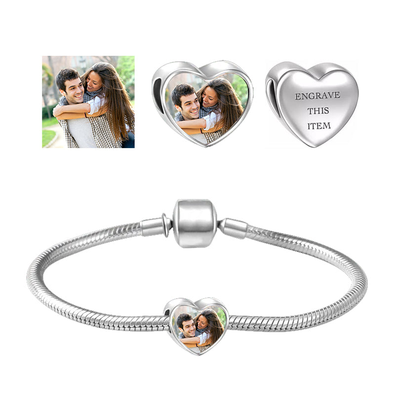 Personalized Heart Photo Charms, Fit Pandora Bracelet, Custom Picture Engraved Name Silver Bead, Birthdays Anniversary Valentines Day Gifts