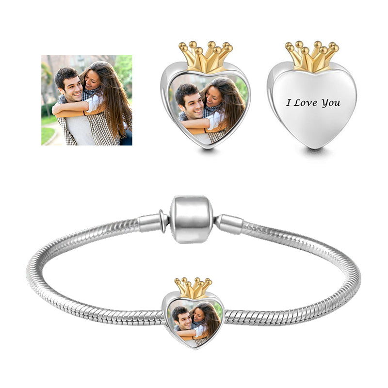 Personalized Crown Heart Photo Charms, Fit Pandora Bracelet, Custom Picture Engraved Name Bead, Birthdays Anniversary Mothers Day GiftsPet Photo Charms Pendant, For Pet Lovers