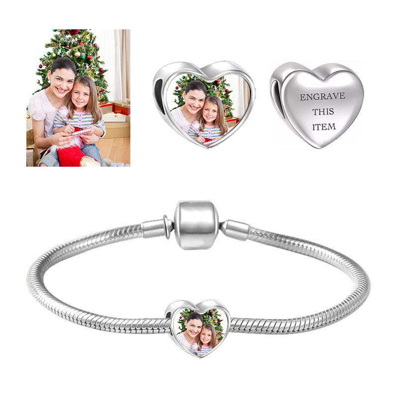 Personalized Heart Photo Charms, Fit Pandora Bracelet, Custom Picture Engraved Name Silver Bead, Birthdays Anniversary Mother‘s Day Gifts