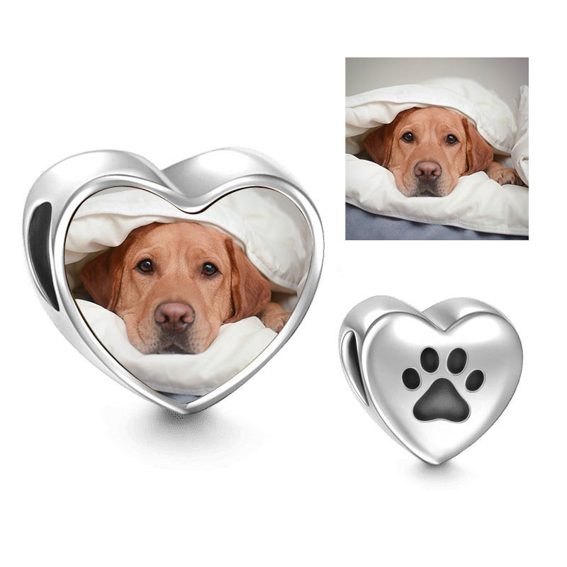 Personalized Sterling Silver Pet Paw Heart Photo Charms, Fit Pandora Bracelet, Custom Pet Photo Charms Pendant, Jewelry Making & Beading