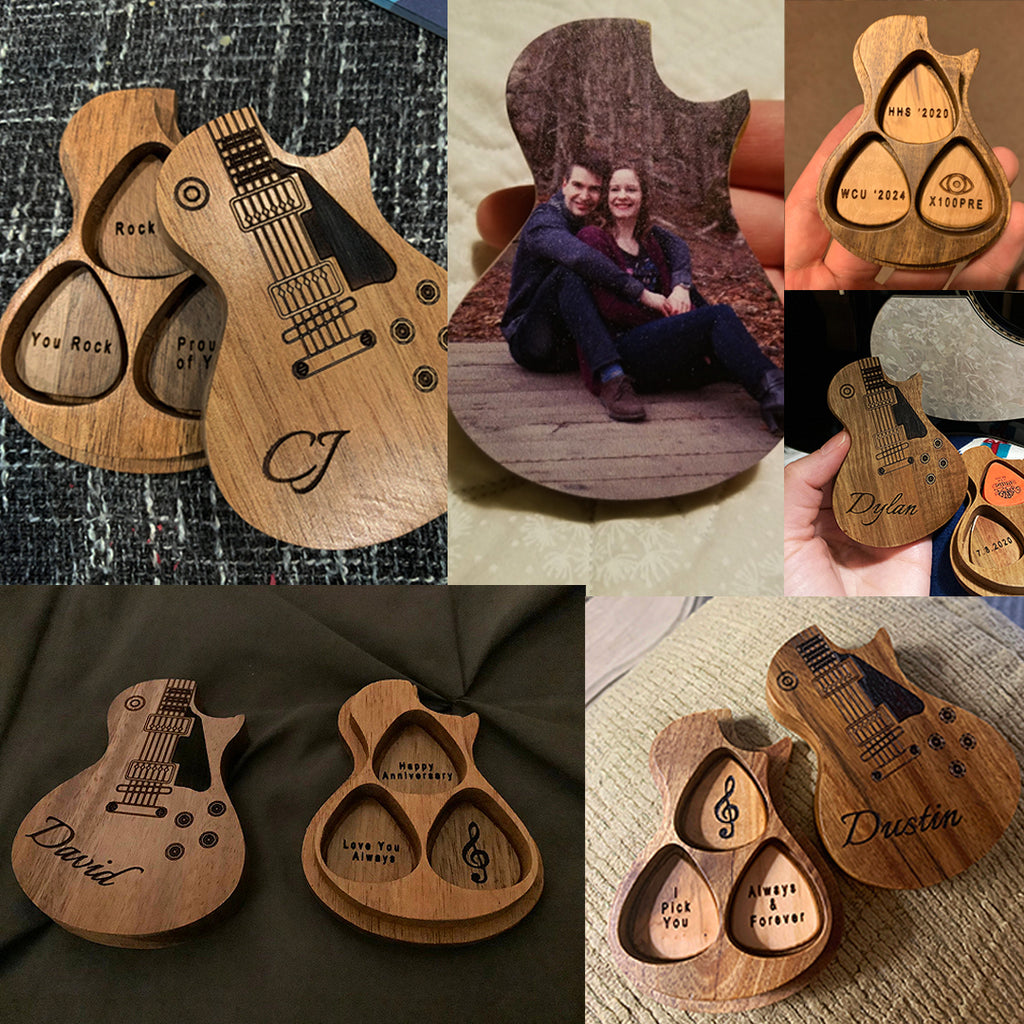 Personalized Wooden Guitar Picks with Case, Custom Guitar Pick Kit, Holder Box for Picks, Musicians Guitar Player
