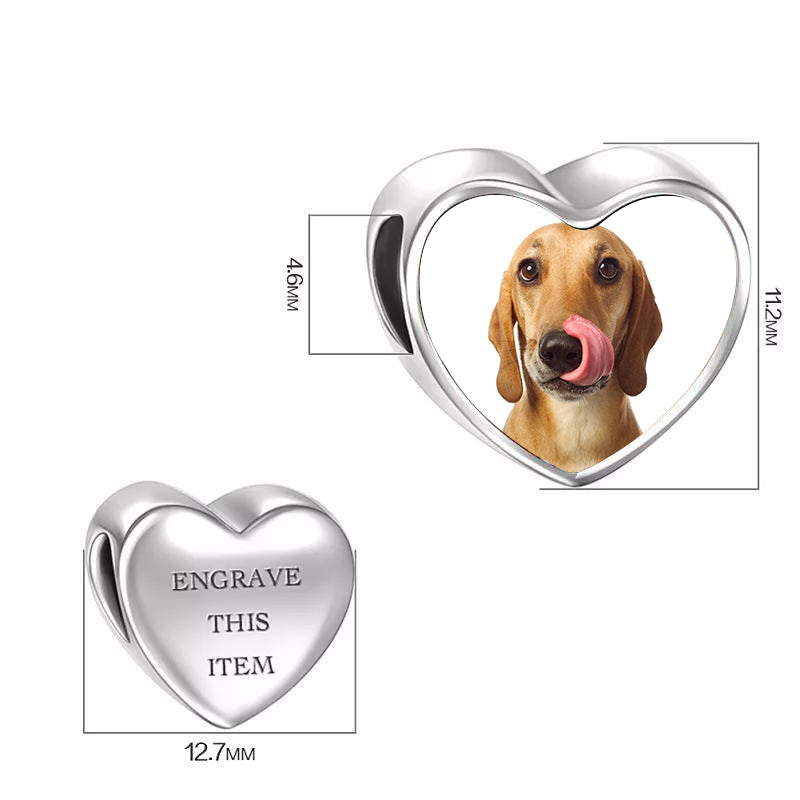 Personalized Sterling Silver Heart Photo Charms, Custom Picture Engraved Name Silver Bead, Fit Pandora Bracelet, Custom Pet Photo Charms Pendant, For Pet Lovers