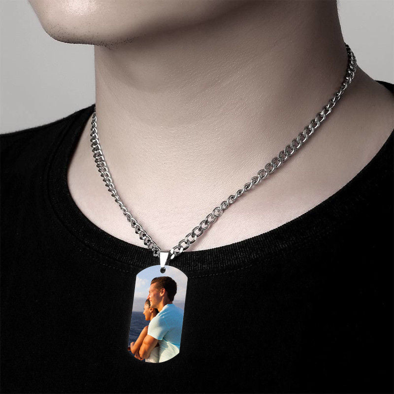 Personalized Photo Men's Necklace, Picture Tag Name Rectangle, Engraved Name Necklace, Birthday, Anniversary Gifts For Husband, Boyfriend