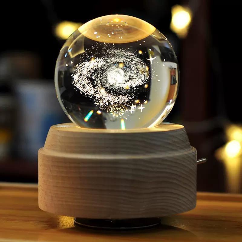3D Crystal Ball Music Box (4.0"W * 5.1"H), Luminous Rotating Musical Box with Projection LED Light and Wood Base, Best Gift for Birthday, for Girls