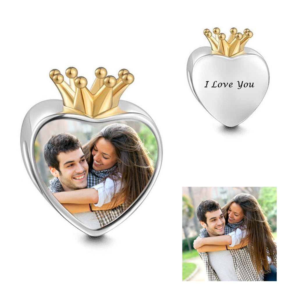 Personalized Crown Heart Photo Charms, Fit Pandora Bracelet, Custom Picture Engraved Name Bead, Birthdays Anniversary Mothers Day GiftsPet Photo Charms Pendant, For Pet Lovers