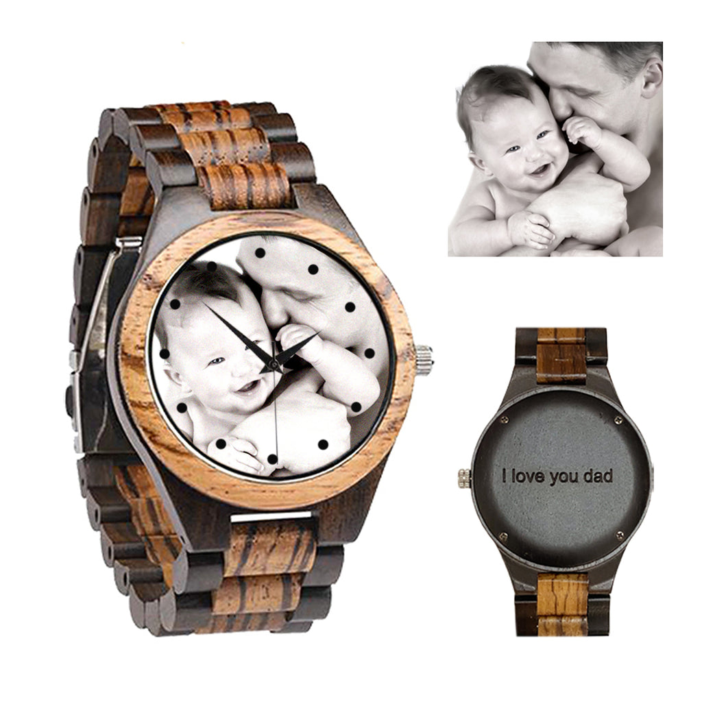 Personalized Photo Ebony Watch for Men/Boy, Picture Name Engraved Natural Ebony Strap Watch, Gift for Birthday, Father's Day Gifts