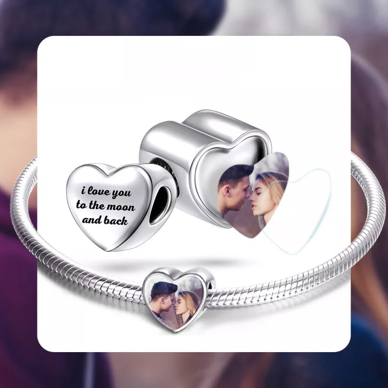 Personalized Heart Photo Charms, Fit Pandora Bracelet, Custom Picture Engraved Name Silver Bead, Birthdays Anniversary Valentines Day Gifts